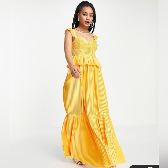 ASOS DESIGN Petite Corset Detail Pleated Tiered Maxi Dress in Marigold Size 6 - Picture 1 of 11